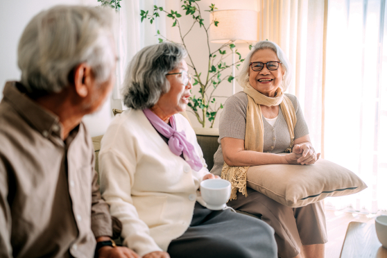 A group of older people sitting and talking.