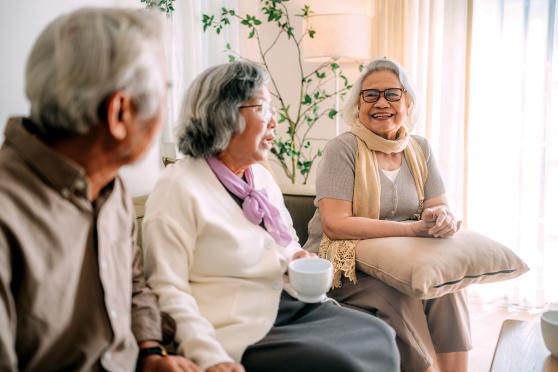 A group of older people sitting and talking.